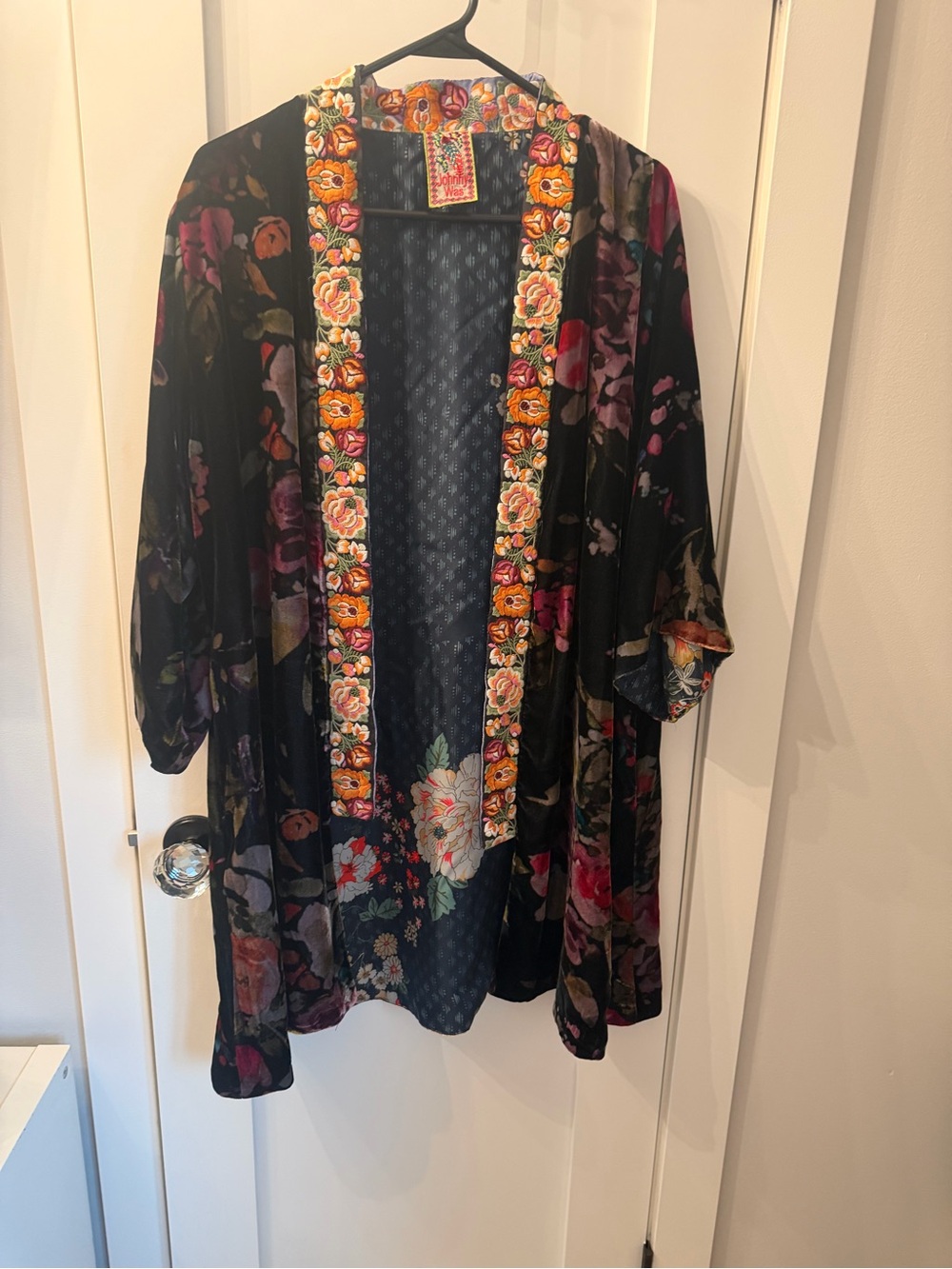 Johnny Was Black Velvet Floral Kimono Jacket with Trim